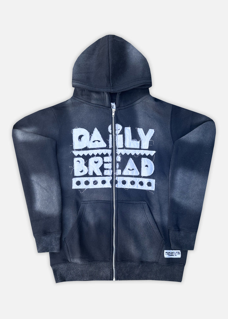 QUALITY FUNK WORLDWIDE DISTRESSED APPLIQUÉ ZIP-UP - BLACK