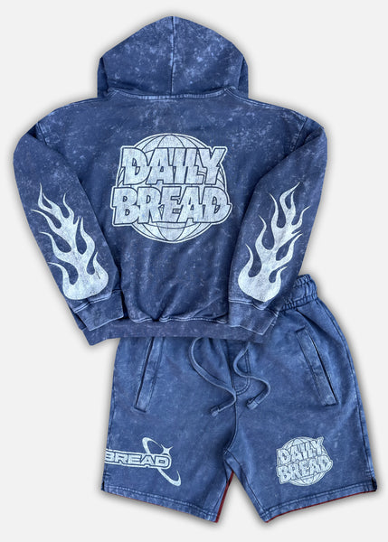 MOOSH DISTRESSED CROP HOODIE & SHORTS SET - DENIM