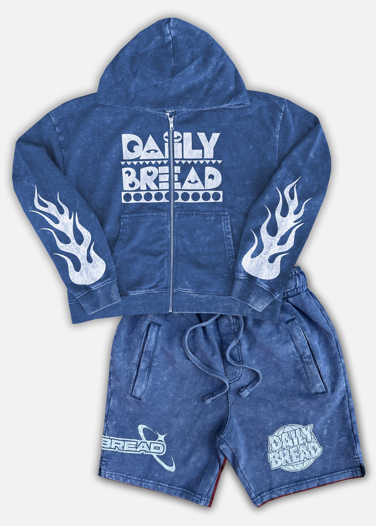 MOOSH DISTRESSED CROP HOODIE & SHORTS SET - DENIM