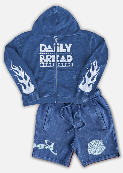 MOOSH DISTRESSED CROP HOODIE & SHORTS SET - DENIM