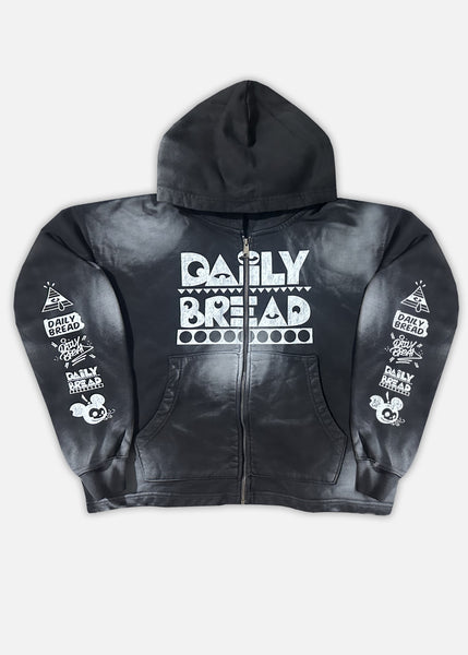 MOOSH ACID WASH FULL-ZIP CROP HOODIE - BLACK/CHARCOAL