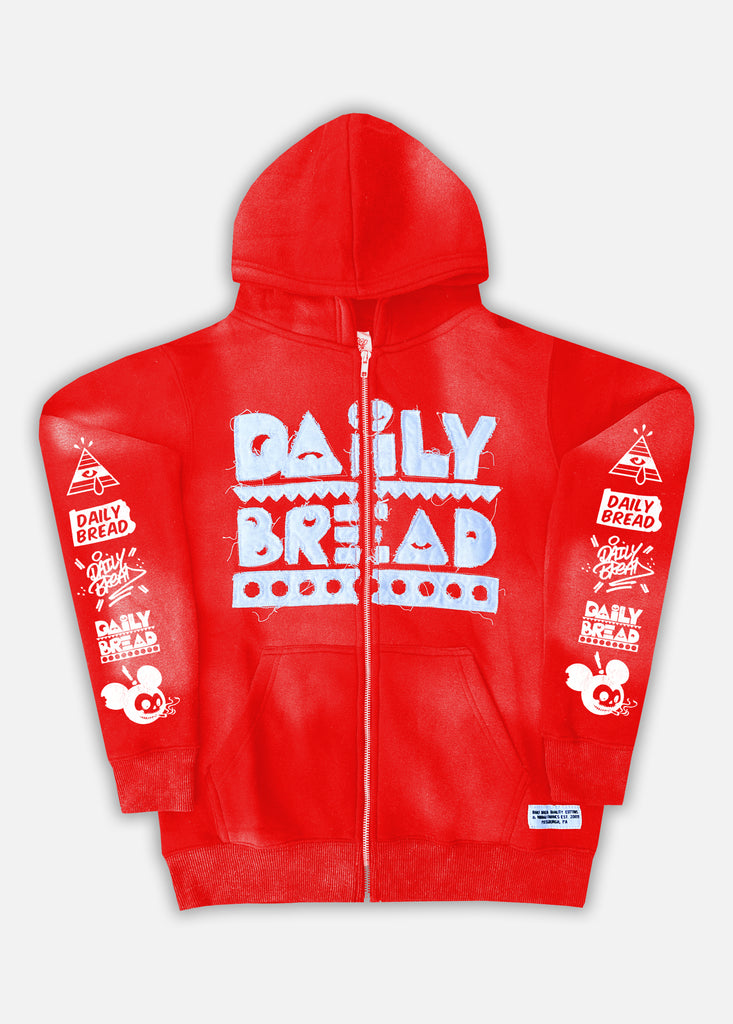 QUALITY FUNK WORLDWIDE DISTRESSED APPLIQUÉ ZIP-UP - RED