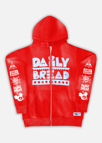 QUALITY FUNK WORLDWIDE DISTRESSED APPLIQUÉ ZIP-UP - RED