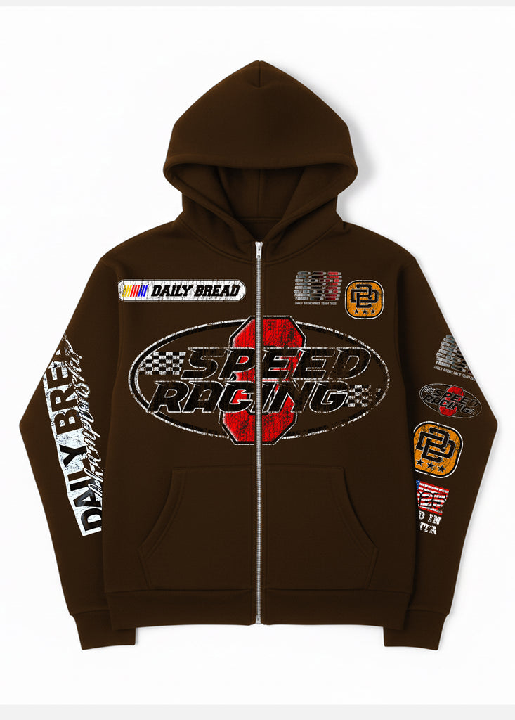 SPEEDWAY FULL-ZIP CROP HOODIE - BROWN