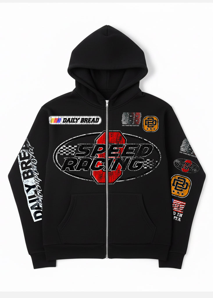 SPEEDWAY FULL-ZIP CROP HOODIE - BLACK