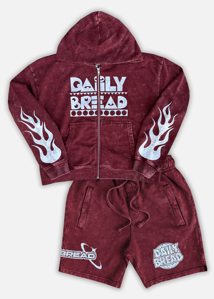 MOOSH DISTRESSED CROP HOODIE & SHORTS SET - WINE